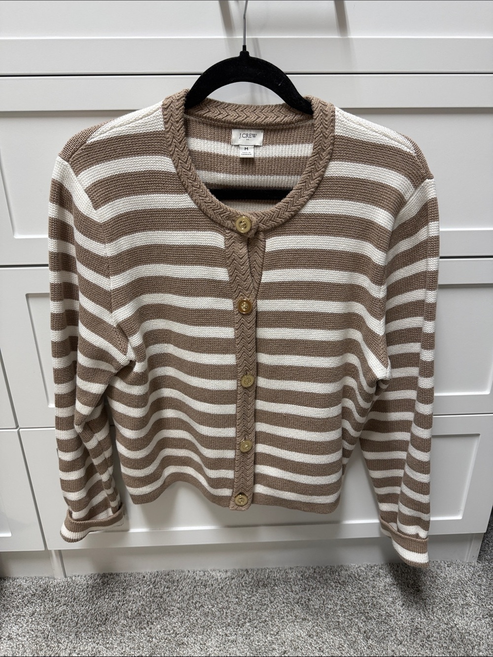 J. Crew Striped Cream and Brown Button-Front Cardigan